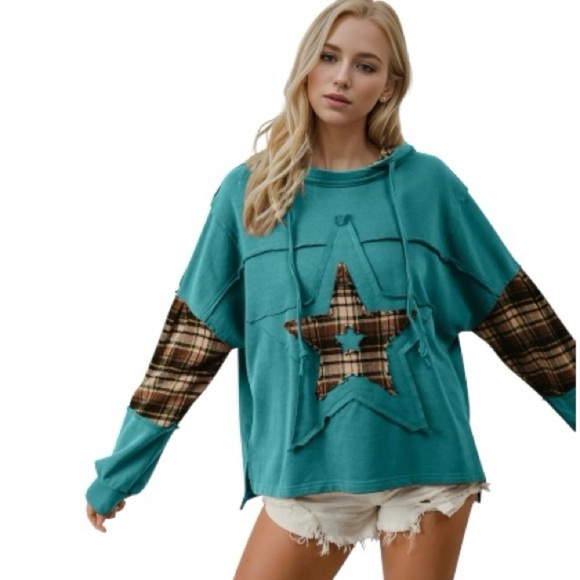 NWT Women’s Double Take Drawstring Plaid Star Patch Long Sleeve Hoodie XL Teal - Picture 2 of 3